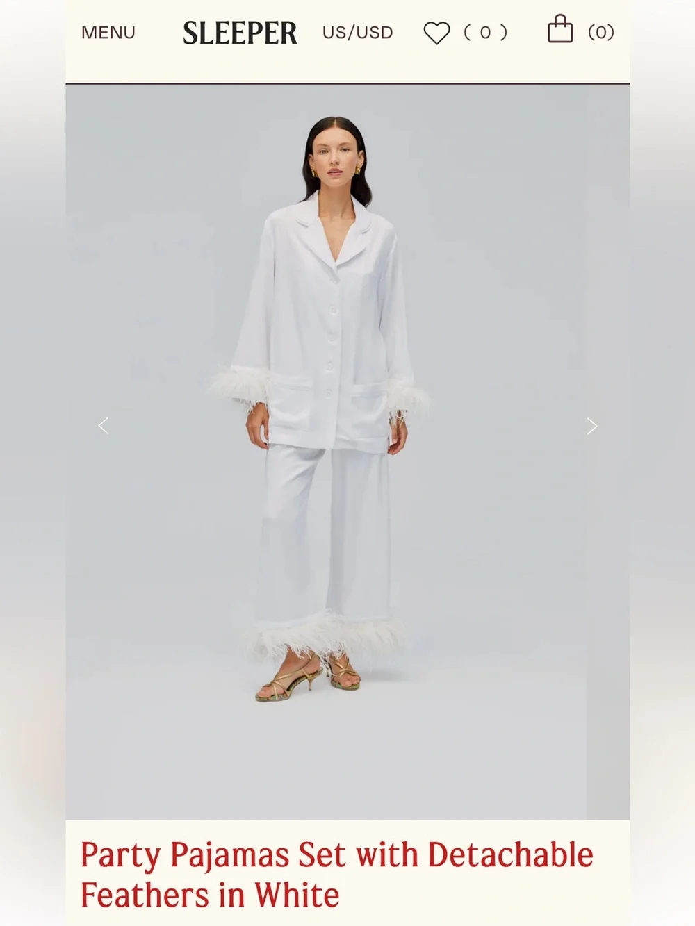 SLEEPER sz XS PRE-OWNED White Feather-Trim Button Pajama Set -FLAWED